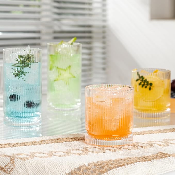 POLIDREAM 16oz Ribbed Glassware, Vintage Drinking Glasses Set of 4, Cocktail Glass Cups, Elegant Tom Collins Glasses, Highball Ribbed Glasses Ideal for Water, Iced Coffee, Juice, Beer, Milk