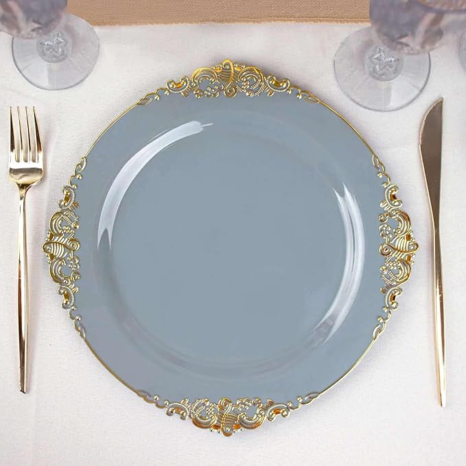 10" Dinner Plates -Set of 20 - Plastic Dusty Blue Round Baroque Disposable Chargers Leaf Embossed Rim, Ideal for Dinner Party Wedding Bulk Events