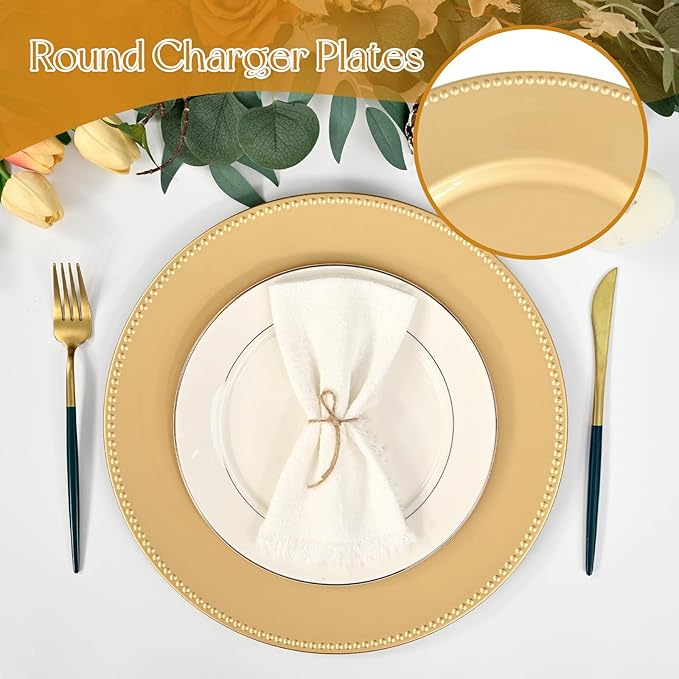 fani 50 Pcs Gold Charger Plates Bulk, 13'' Round Beaded Dinner Charger Plates, Plastic Reusable Vintage Table Decoration for Wedding, Party, Reception, Event, Holiday Supplies