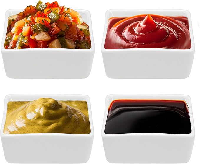 Vikko Porcelain White Dipping Sauce Cups, Set of 4, Square, Stackable, 2.0 oz, Microwave and Dishwasher Safe
