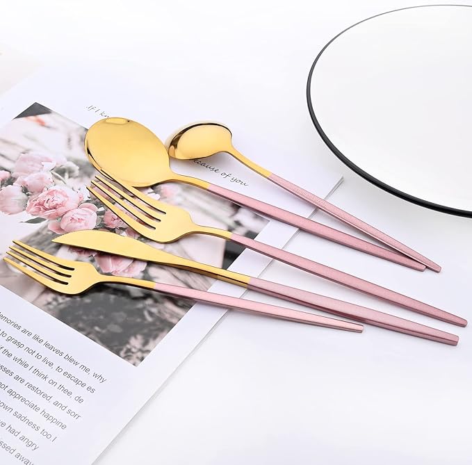 30-Piece Snplowum Mirror Flatware Serving Set, 18/0 Stainless Steel Dinnerware With Pink Handle, Modern Durable Home Kitchen Eating Tableware Set Service For 6 (Pink Gold)