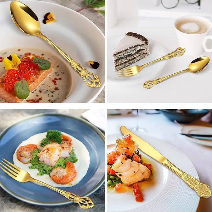 Gold Silverware Set for 2, MIKIWAY 10 Pieces Stainless Steel Flatware Set, Cutlery Tableware Set, Kitchen Utensils Set Include Spoons And Forks Set, Mirror Polished, Dishwasher Safe