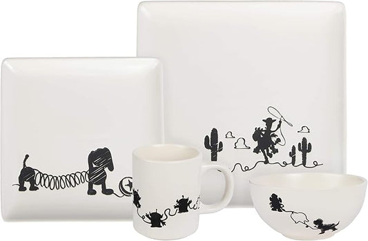 Toy Story 4-Piece Ceramic Dinnerware Set With Scribble Design - Cute Character Line Drawings - Beautiful Glazed White Square Dinner & Salad Plates With 16 Oz. Bowl & 11 Oz. Mug Place Setting