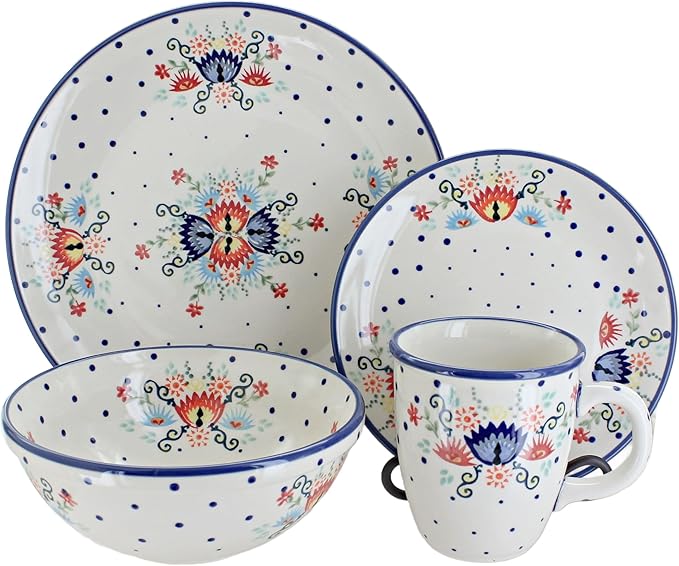 Blue Rose Polish Pottery - Red Desert Flower 16 Piece Dinner Set - 4 Place Settings - Great for Everyday Dining, Casual Dining, or as Formal Dinnerware