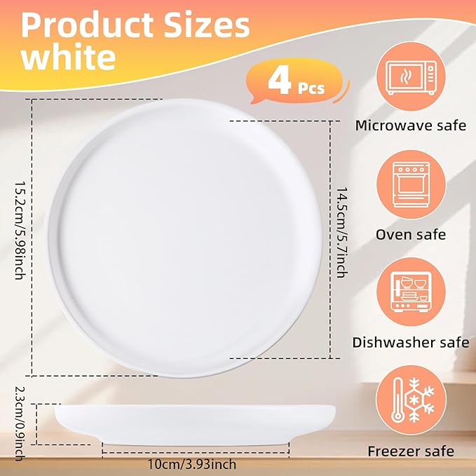 4 Pcs 6 Inch Ceramic Appetizer Plates, Small Salad Appetizer Dessert Plates, Matte Glaze Plates for Kitchen, Dessert, Pie, Cake, Microwave Dishwasher Oven Safe(white)