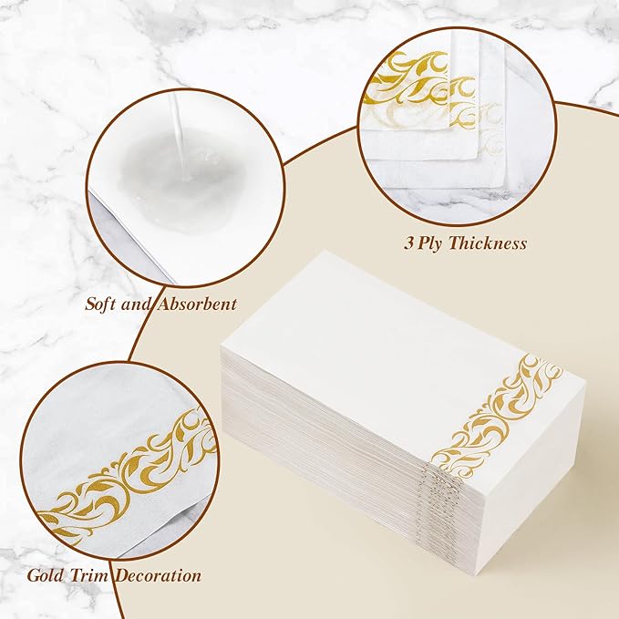 BESTVIP 400 Pack Disposable Paper Napkins,3-Ply Dinner Napkins with Gold Trim for Guests,Bathroom Paper Hand Towels Soft and Absorbent,Perfect for Christmas,Kitchen,Dinner,Party,Wedding or Event