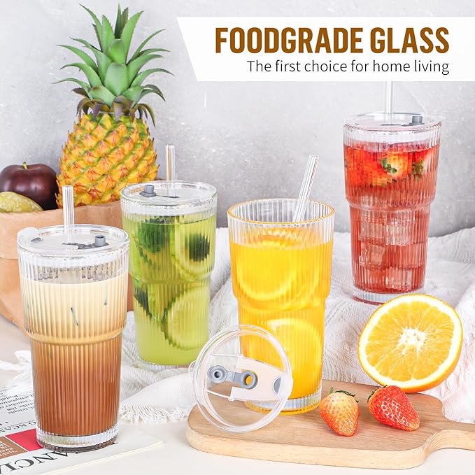 CWHHRN 20 oz Glass Cup with Lid and Straw, Glass Tumbler with Straw and Lid, Vintage Glassware for Whiskey Cocktail Beer, Iced Coffee Cups with Lid (1 PACK)
