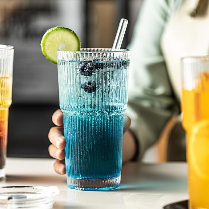 CHPINDAM Ribbed Drinking Glasses,with Lids and Straws Glass Cup,19oz Glass cup,4 Pack Old Fashioned Glasses,Thickened for iced coffees,cocktails and juices, perfect for families and parties (4)