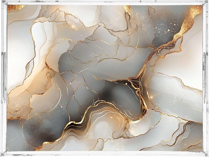 Rectangle Acrylic Tray Marble Gold Silver Acrylic Serving Trays with Handles 12x16 inches Clear Trays for Serving Food Spill-Proof