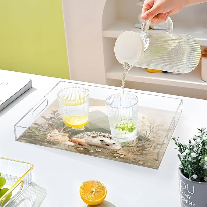 Serving Tray with Handles Clear Acrylic Tray 12x16 Inch Decorative Rectangular Tray Organizer for Ottoman Coffee Table Bathroom Beige Hedgehogs Mountains Mushrooms Flowers