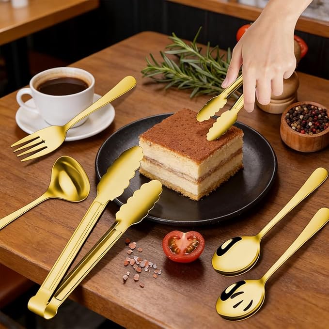 10 Pieces Serving Utensils Include Serving Spoons,Slotted Serving Spoons,Serving Forks,Serving Tongs,Soup Ladle and Pie Cake Server for Buffet Catering Banquet Party(Gold)