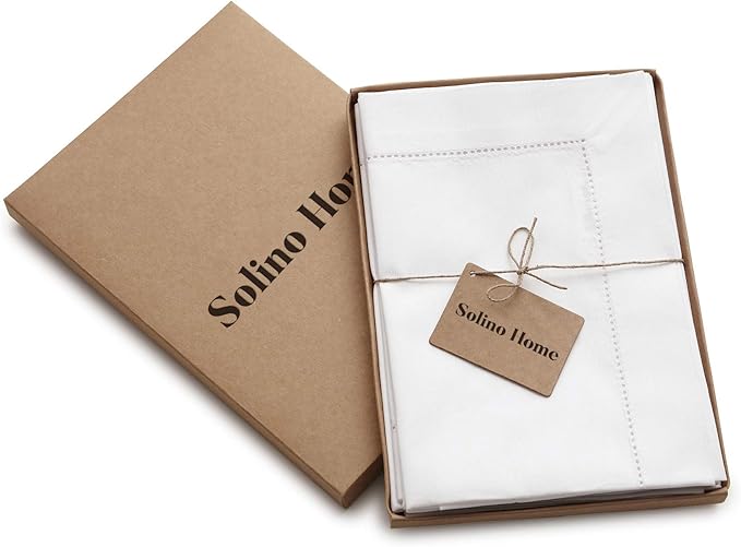 Solino Home White Napkins Set of 6 - Cotton Linen Hemstitch Dinner Napkins Cloth 20 x 20 Inch for Winter, Valentines, Spring, Easter - Handcrafted and Machine Washable