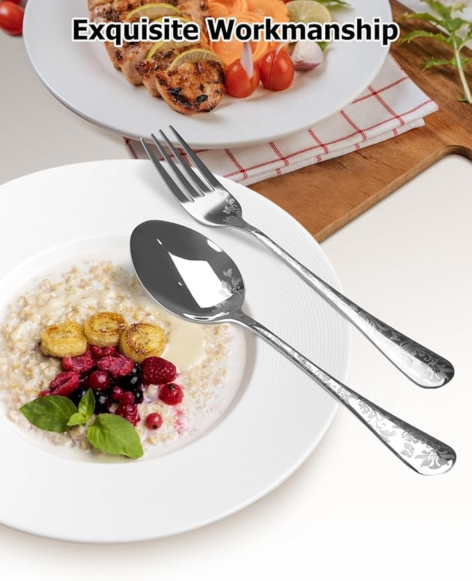 20-Piece Silverware Set, AORESAC Flatware Set for 4, Butterfly Flower Design, Mirror Polish, Forks Spoons, and Knives set for Home and Kitchen, Dishwasher Safe (Silver)