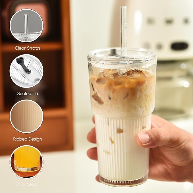 ALINK 20oz Glass Tumblers with Lids and Straws, Set of 4 - Stylish Ribbed Design Drinking Glasses for Iced Coffee Cups, Juice, Smoothies, Cold Beverages, Includes Cleaning Brush, Durable Glassware