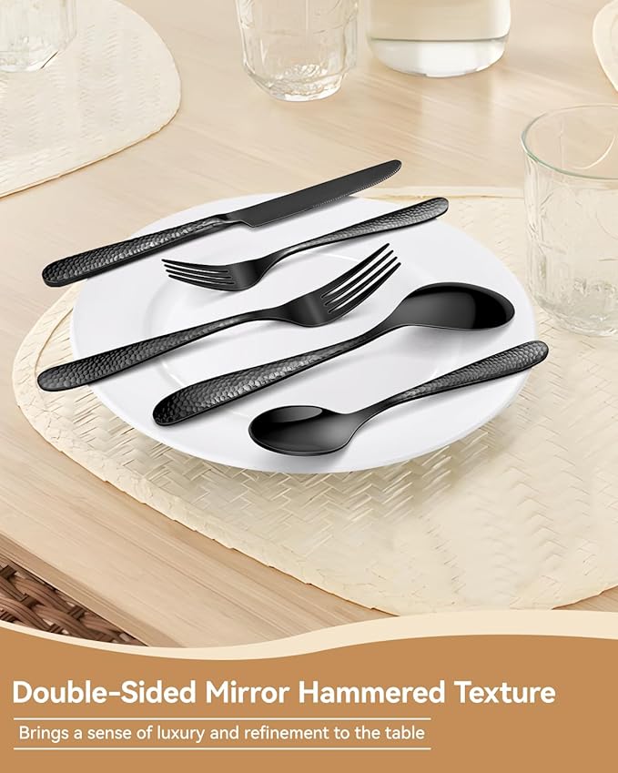 Hammered Silverware Set for 4, Heavy Duty 18/0 Black Flatware Set with Steak Knives, Aswwid 24 Pcs Stainless Steel Kitchen Cutlery Set Include Forks Spoons and Knives, Mirror Utensil Dishwasher Safe