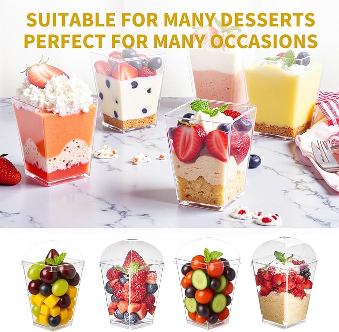 100Pack 5oz Dessert Cups with Lids and Spoons,Plastic Parfait Appetizer Cup,Disposable Plastic Cups, Great for Desserts, Appetizers, Puddings, Mousse