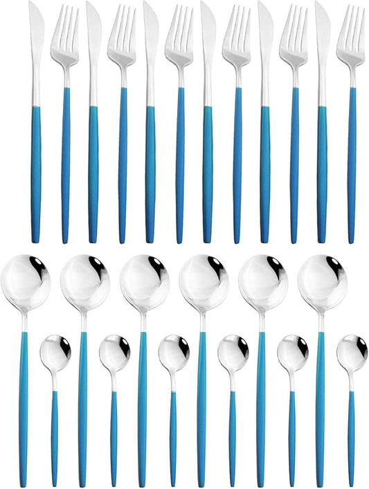 JASHII 24-Piece Titanium Plated Stainless Steel Flatware Set, Blue Handle Silver Mouth Utensils, Blue Silver Cutlery Set for 6