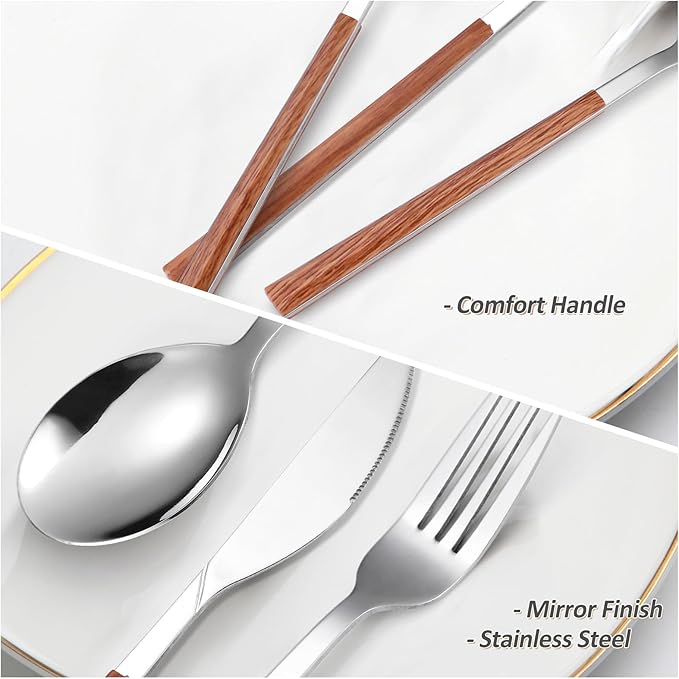 Silverware Set, 20 Piece Mirror Flatware Set Stainless Steel Eating Utensils With Wooden Effect Handle, A Complete Tableware Cutlery For Most Families,Knife Fork Spoon Service For 4 Dishwasher Safe