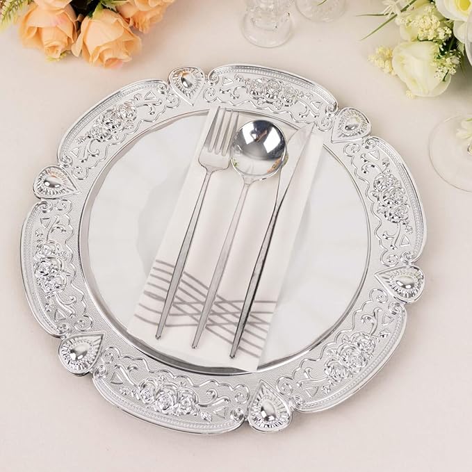 Efavormart 6 Pack Silver Floral Embossed Acrylic Charger Plates With Scalloped Rim, 13" Round Plastic Decorative Serving Plates