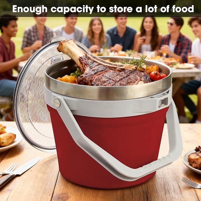 COKTIK 7L Vacuum Insulated Ice Bucket with Lid and Scoop& Tongs，Large capacity Stainless Steel Beverage Bucket for Cocktail, Champagne, Wine, Beer，Large Parties（Red Suit）