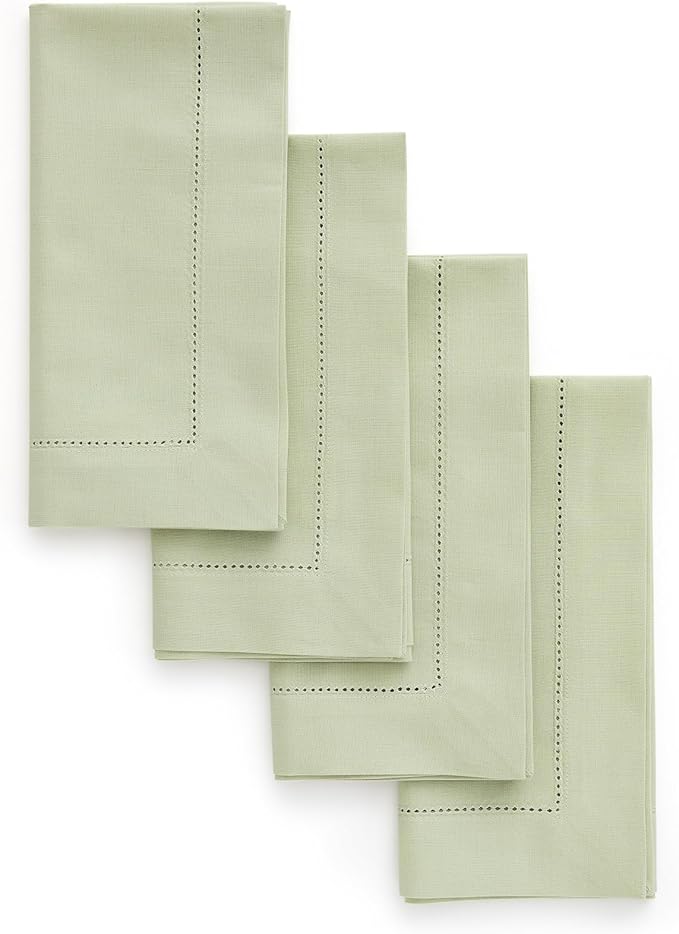 Solino Home Sage Napkins Set of 4 - Cotton Linen Hemstitch Dinner Napkins Cloth 20 x 20 Inch for Spring, Easter, St Patricks Day - Handcrafted and Machine Washable