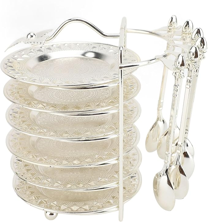 Zerodis European Style Food Plate, Zinc Alloy Snack Storage Platter Set with Spoon, Elegant Serving Tray for Steaks Pasta Fruits At Parties (Silver)