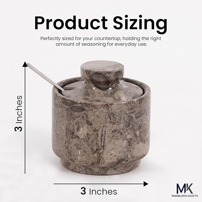 MARBLOUS KRAFTS Marble Salt Cellar Oceanic 3' Flaky Salt Dish for Countertop Ideal Spice Box, Valentine Candy Bowl, Brown Sugar Jar with Lid and Spoon, Kitchen Storage