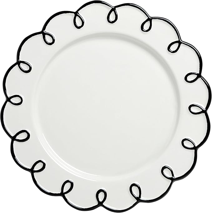 Sango 12-Piece Earthenware Dinnerware Set for 4, Glossy White Plates and Bowls Sets with Black Scalloped Rims, Premium Dish Set, Holiday Dishes for Gifting & Hosting Christmas Party, Splash of Cheers