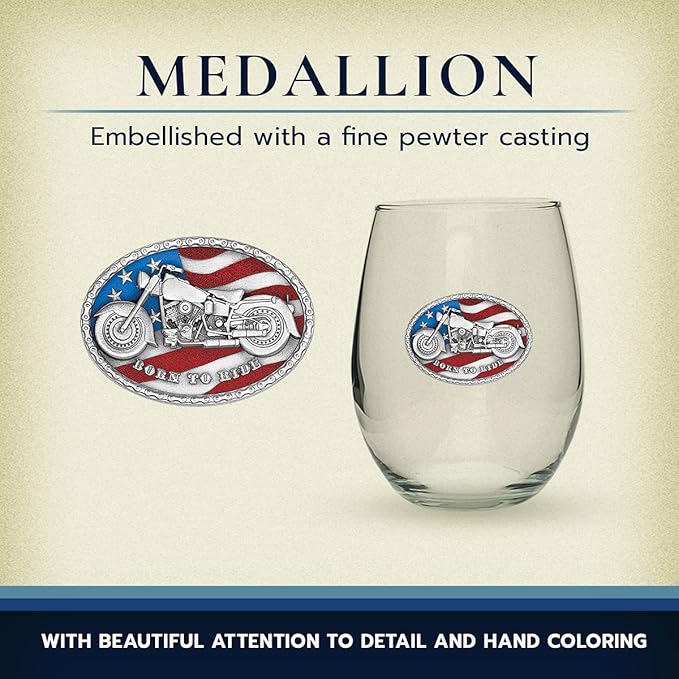 Heritage Pewter Motorcycle Stemless Glass Goblets – Set of 2 | 15 OZ Goblet Wine Glasses | Expertly Crafted Pewter Glass