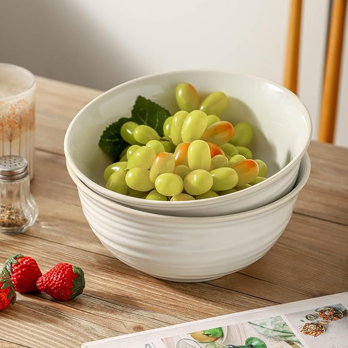 Ceramic Serving Bowls Set of 2, 65 Ounce Large Kitchen Deep Bowls for Salad Soup Ramen Pasta Cereal Fruit, Durable Microwave & Dishwasher Safe, Ideal for Home Dining & Gifting, White
