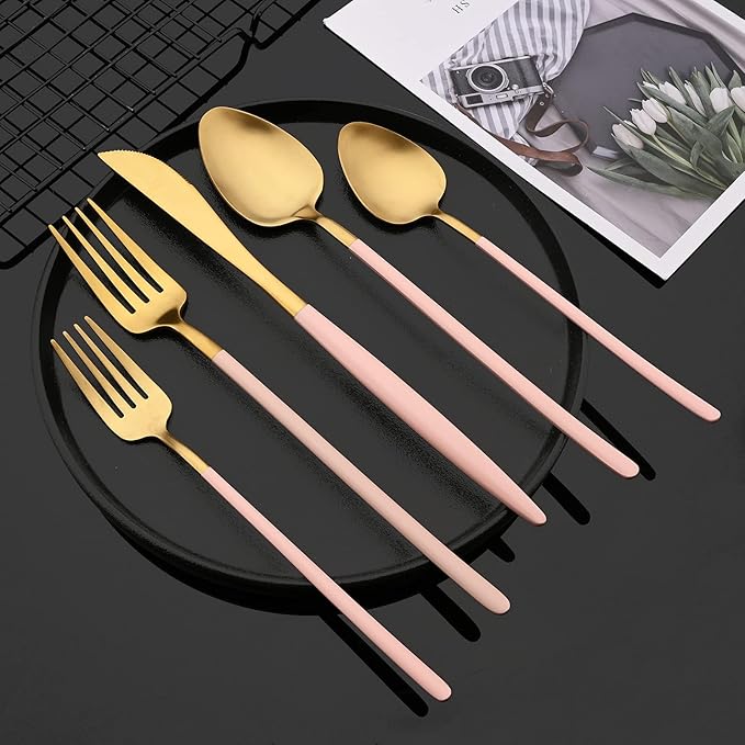 JASHII Matte Pink and Gold Silverware Set, 304 Stainless Steel Flatware Set Service for 4, Tableware Cutlery Set for Home Restaurant Party, Dinner Forks/Spoons/Knives, Slim Handle, Dishwasher Safe