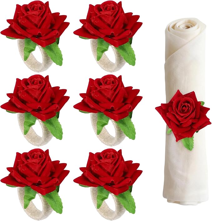 uxcell 6Pcs Flower Napkin Rings, Handmade Rose Napkin Ring Holders Buckles Table Decorations for Christmas Thanksgiving Valentine Decor Wedding Parties, Banquet, Home, Red