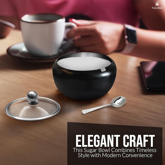 Sugar Bowl with Lid and Spoon | 12oz Sugar Container for Coffee Bar | Stainless Steel Holder Jar for Salt, Tea, Candy, Sugar Cube, Brown Sugar, Ghee | Kitchen Countertop Storage Accessories | 350ml
