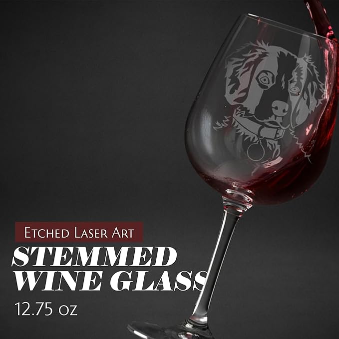 Etched Laser Art Brittany Spaniel Personalized Dog Themed Etched 12.75oz Wine Glass Custom Dog Breed Wine Glasses, Ideal for Pet Lovers, Unique Birthday Gift for Men & Women, Personalized Gift