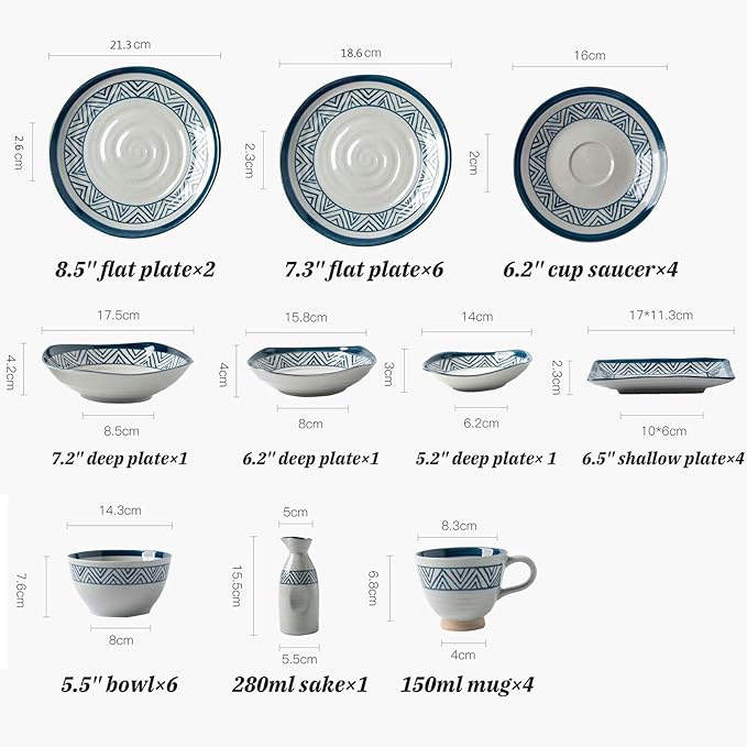 New Dinnerware Sets,Porcelain Dinnerware Sets, 28 Pieces Ceramics Dinner Combination Set | Hand Painted Blue and White Lines Cereals Bowls and Steak Plates Sets,