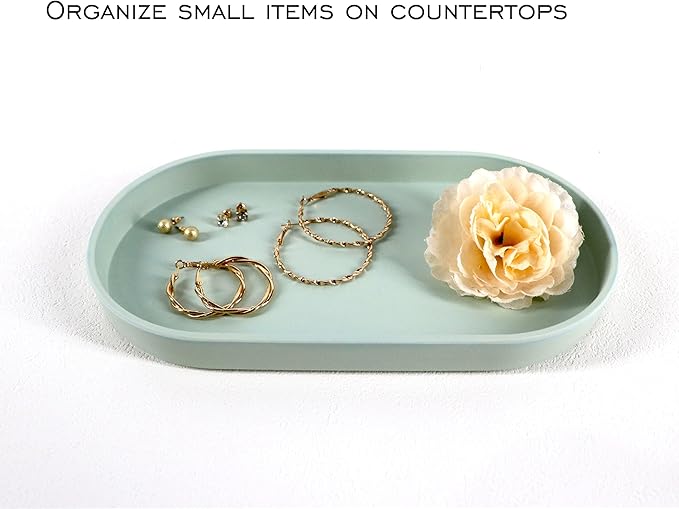 Green Small Tray (10 inch), Oval Tray for Kitchen Counter, Bathtub Bathroom Vanity Items, Countertop Organizer, Coffee Accessory, Bar, Serving Seasoning, Salt and Pepper, Soap, Perfume.