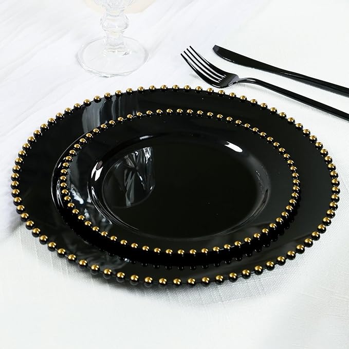 8" Salad Plates - Set of 20 - Plastic Black Gold Round Disposable Dessert Appetizer Plate Beaded Rim, Ideal for Dinner Party Wedding Bulk Events