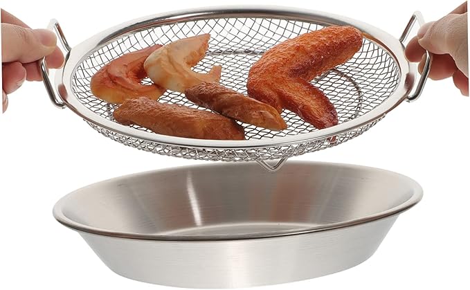 Stainless Steel Frying Oil Draining Tray with Mesh Net for Fried Food Serving and Cooling 8.26X7.87 Inch Snack Plate for Kitchen Use