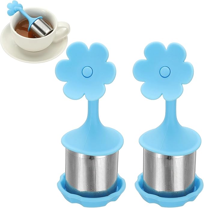 uxcell 2 Pcs Flower Tea Infuser, Stainless Steel Loose Leaf Tea Steeper Filter with Silicone Handle Reusable Thin Pores Mesh Strainer Diffuser for Teacups Teapots Mugs, Blue
