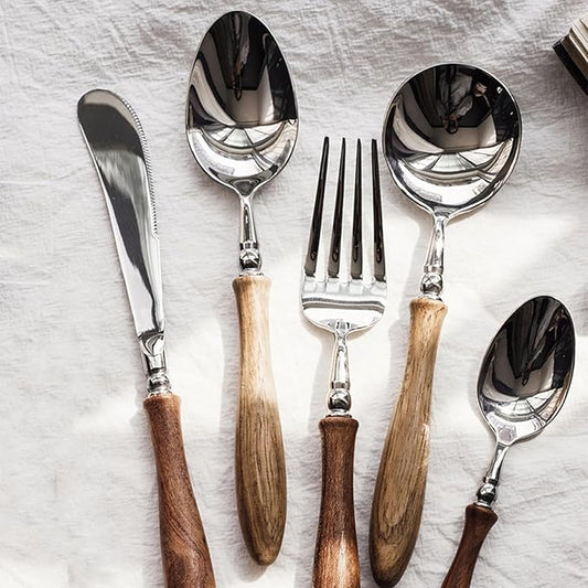 30 Piece Silverware Set Service for 6,Premium Wooden Handle Stainless Steel Flatware Set Home Include Fork Knife Spoon Set Gift Package for Christmas and Thanksgiving（Light Brown）