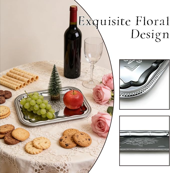 Elegant Floral Engraved Silver Serving Trayr Set (4-Pcs) - 2 Small (11.4×7.1×0.8") & 2 Large (13.8×8.7×0.8"), Stainless Steel Silver Platter for Party, Home Decor