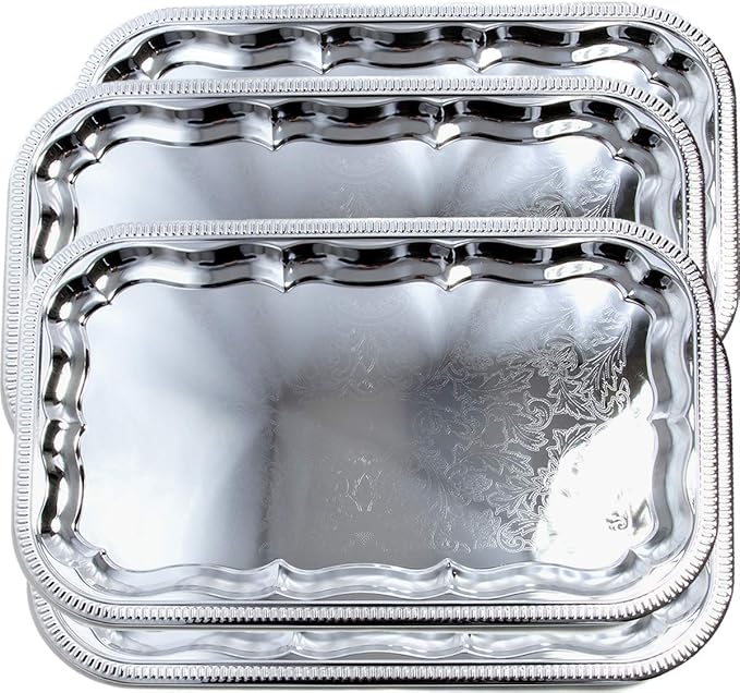 (Pack of 4) 20.9" x 12.8" Traditional Rectangular Trim Floral Pattern Engraved Catering Chrome Plated Serving Plate Mirror Tray Platter Tableware Holiday Party Serving (Large) T227L-4PK