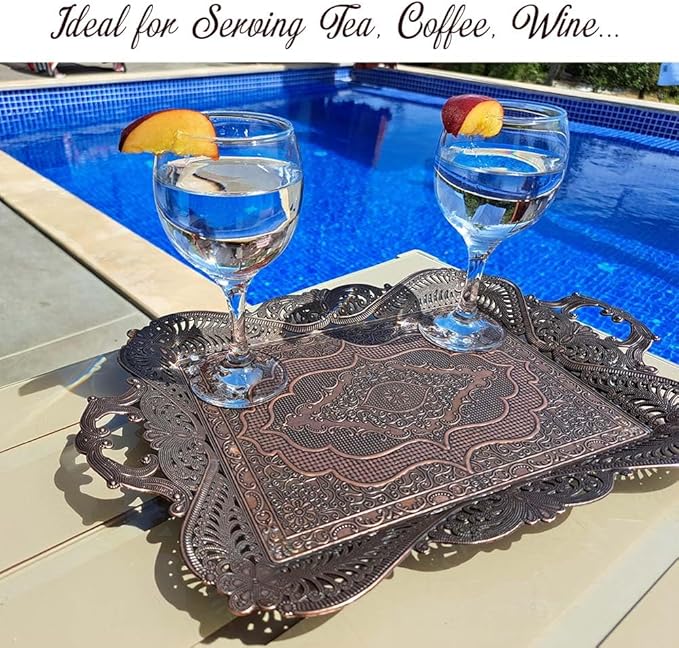 Antique Vintage Tea Coffee Serving Tray Table Home Decor Decorative Handle - Arabic Persian Turkey Fancy Rustic Farmhouse Rectangular Decorative Beverage Bar Ottoman Style Tray Traditional Unique