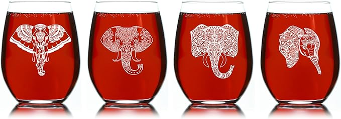 C M Elephant Stemless Wine Glass Set of 4 Pieces - Elephant Themed Gift for Women and Men