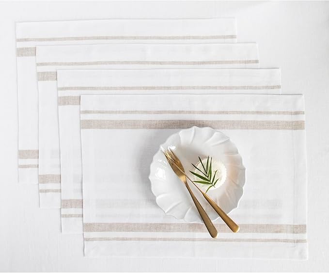Solino Home Striped Linen Placemats Set of 4-100% Pure Linen Natural and White Place Mats 14 x 19 Inch for Christmas, Winter, New Year - French Stripe