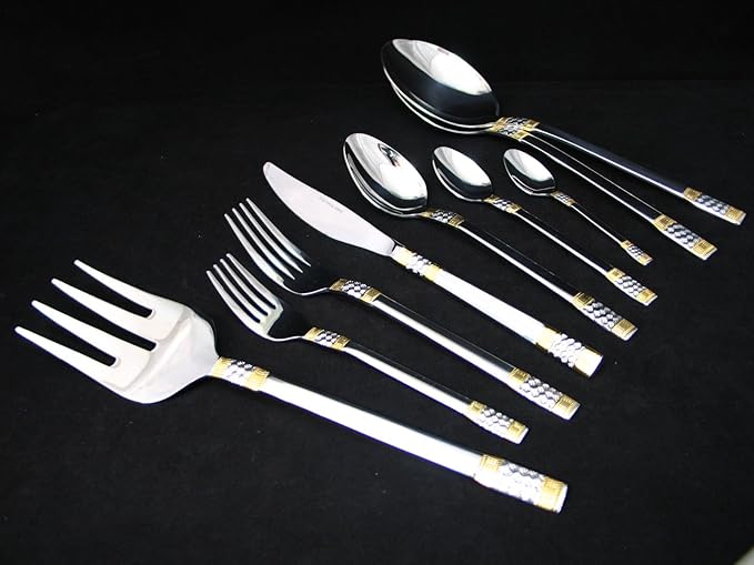 World Gifts "Venice" 75-Piece Flatware Silverware Set, Dining Service for 12, Premium 18/10 Surgical Stainless Steel, 24K Gold-Plated Hostess Serving Set, Luxury Cutlery