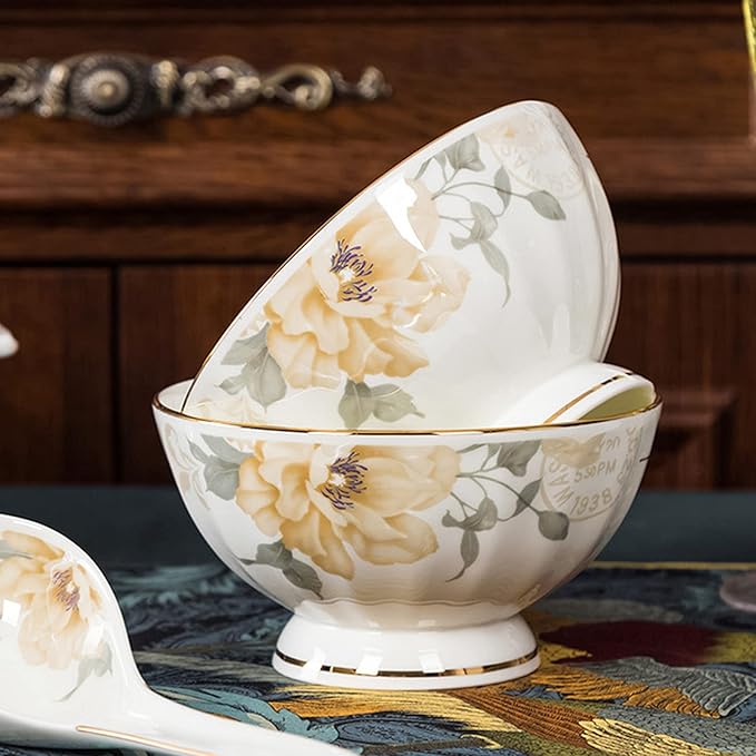 Gold Rim Ceramic Tableware Set Handmade Modern White China Ceramic Floral Tableware Set Suitable for Family Hotel Restaurant 62 Piece