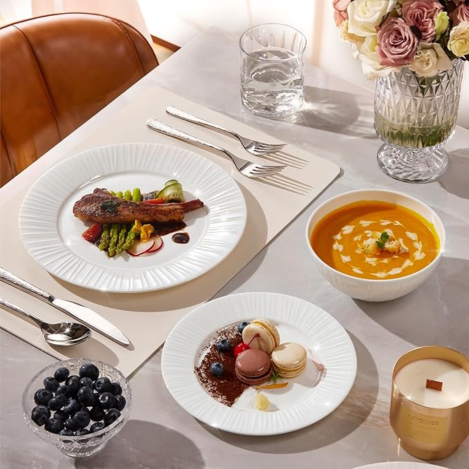 KINGSTONE 24-Piece Bone China Dinnerware Set with 40-Piece flatware, White Lightweight Porcelain Service for 8, for Family Dining, Restaurants, Gifting，Microwave and Dishwasher Safe