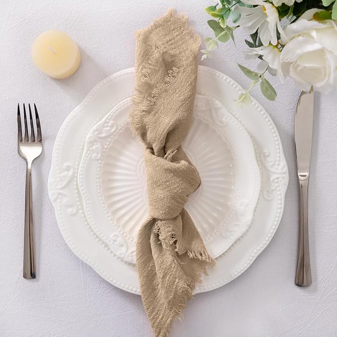 Socomi Set of 12 Linen Napkins Caramel Easter Spring Cloth Napkins Washable Fringe 17"x17" for Wedding Party Bridal Baby Shower Birthday Table Decorations