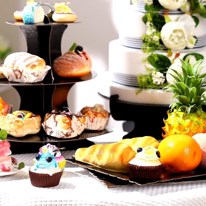 Zopeal 7 Pcs Dessert Table Display Set 3-Tier Cupcake Stand 1-Tier Cup Cake Display Tower Platters and Serving Trays Cardboard Cake Cookie Holders for Wedding Birthday Party Baby Shower(Black)